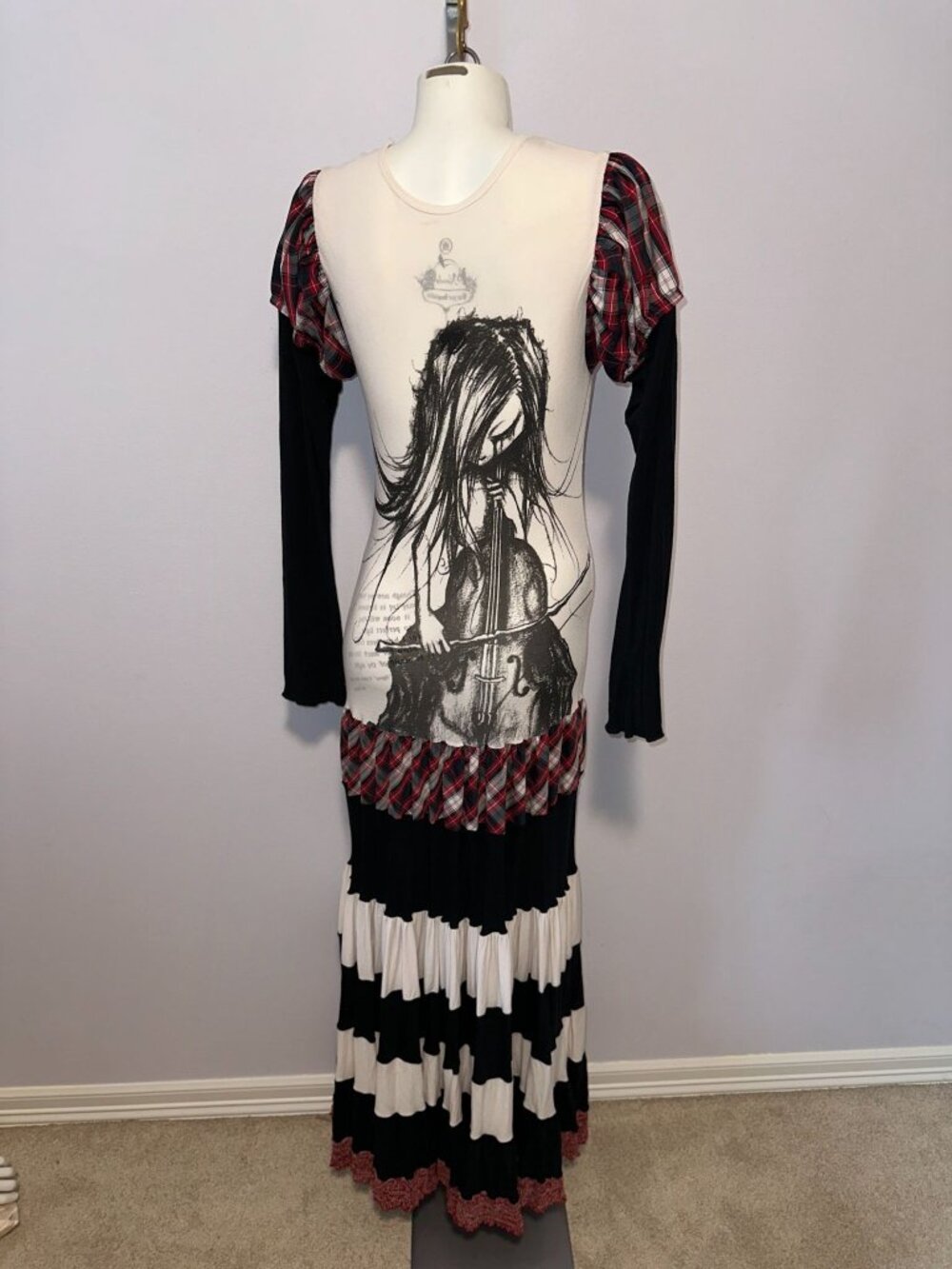 Nuvula Drop Waist Maxi Dress Medium Striped Plaid Dark Cabaret Goth Cello Art - Picture 4 of 10